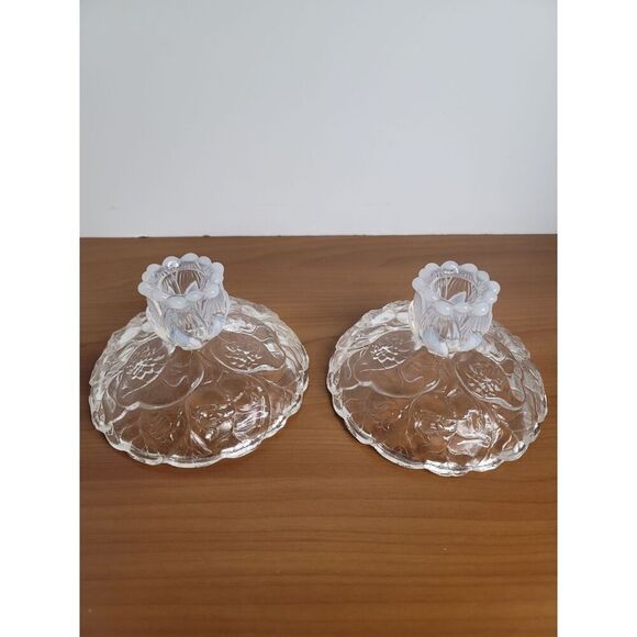 Tiara OPALESCENT WATER LILY PATTERN CANDLESTICK HOLDER PAIR - Picture 1 of 10